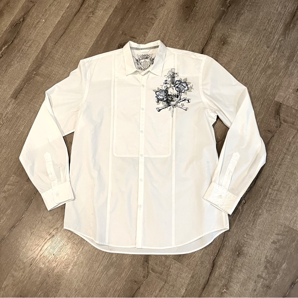Express Shirt Mens XL White Long Sleeve Button Grunge Affliction Style Goth Y2K